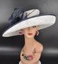 Sinamay Derby Hat: White Wide Brim with Navy Blue