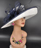 Sinamay Derby Hat: White Wide Brim with Navy Blue