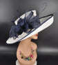Sinamay Derby Hat: White Wide Brim with Navy Blue
