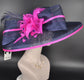 Navy Blue Sinamay Derby Hat: Fuchsia Feather Ascot Headpiece