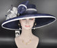 Navy Blue Sinamay Derby Hat: Wide Brim Feather Headpiece