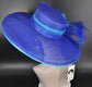 Oaks Day Hat Royal Blue w Teal Blue Feather Hat, Kentucky Derby, Tea Party, Wedding, Church, Royal Ascot Headpiece Wide Brim Sinamay Hat