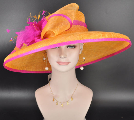 Oaks Day Hat Orange w Fuchsia Pink Feather Hat, Kentucky Derby, Tea Party, Wedding, Church, Royal Ascot Headpiece Wide Brim Sinamay Hat