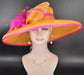 Oaks Day Hat Orange w Fuchsia Pink Feather Hat, Kentucky Derby, Tea Party, Wedding, Church, Royal Ascot Headpiece Wide Brim Sinamay Hat