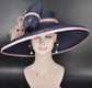 Navy Blue w Blush/Dusty Pink Feather Hat, Kentucky Derby, Tea Party, Wedding, Church, Royal Ascot  Wide Brim Sinamay Hat Oaks Day Hat