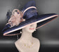 Navy Blue w Blush/Dusty Pink Feather Hat, Kentucky Derby, Tea Party, Wedding, Church, Royal Ascot  Wide Brim Sinamay Hat Oaks Day Hat