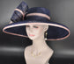 Navy Blue w Blush/Dusty Pink Feather Hat, Kentucky Derby, Tea Party, Wedding, Church, Royal Ascot  Wide Brim Sinamay Hat Oaks Day Hat