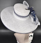 Wide Brim Sinamay Hat: White & Navy Feather Headpiece