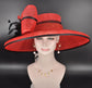 Red Sinamay Derby Hat: Wide Brim Feather Headpiece