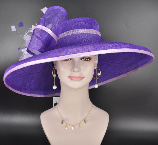 Purple Sinamay Kentucky Derby Hat: Feathered Wide Brim Ascot Hat