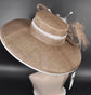 Taupe Sinamay Derby Hat: Wide Brim Feather Headpiece