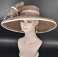 Taupe Sinamay Derby Hat: Wide Brim Feather Headpiece