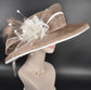 Taupe Sinamay Derby Hat: Wide Brim Feather Headpiece