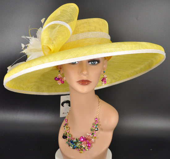Yellow Sinamay Derby Hat: Wide Brim Feathered Headpiece
