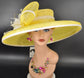 Yellow Sinamay Derby Hat: Wide Brim Feathered Headpiece