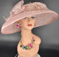 Blush Pink Wide Brim Sinamay Hat Church Kentucky Derby Hat Carriage Tea Party Wedding  Rhinstones w Sinamay Bow Ostrich Feather