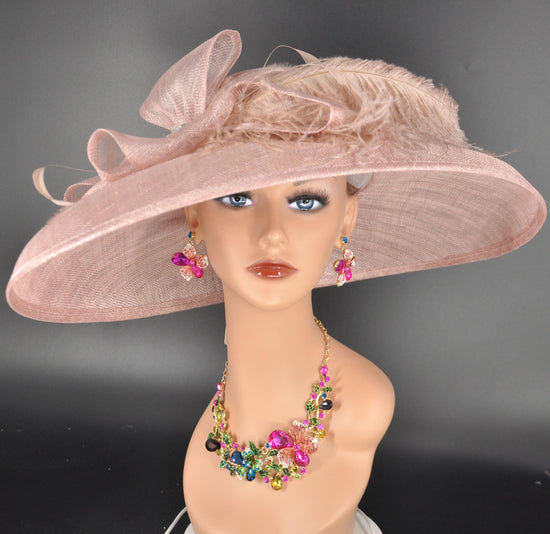 Blush Pink Wide Brim Sinamay Hat Church Kentucky Derby Hat Carriage Tea Party Wedding  Rhinstones w Sinamay Bow Ostrich Feather