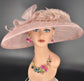 Blush Pink Wide Brim Sinamay Hat Church Kentucky Derby Hat Carriage Tea Party Wedding  Rhinstones w Sinamay Bow Ostrich Feather