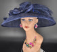 Navy Blue Wide Brim Sinamay Hat Church Kentucky Derby Hat Carriage Tea Party Wedding  Rhinstones w Sinamay Bow Ostrich Feather