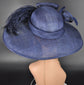 Navy Blue Wide Brim Sinamay Hat Church Kentucky Derby Hat Carriage Tea Party Wedding  Rhinstones w Sinamay Bow Ostrich Feather