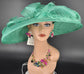 Jade Green Sinamay Derby Hat: Wide Brim, Rhinestone Bow & Ostrich Feather
