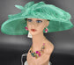 Jade Green Sinamay Derby Hat: Wide Brim, Rhinestone Bow & Ostrich Feather