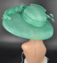 Jade Green Sinamay Derby Hat: Wide Brim, Rhinestone Bow & Ostrich Feather