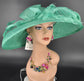 Jade Green Sinamay Derby Hat: Wide Brim, Rhinestone Bow & Ostrich Feather