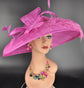 Fuchsia Sinamay Wide Brim Hat: Rhinestone Bow, Ostrich Feather Derby Hat