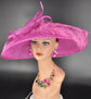 Fuchsia Sinamay Wide Brim Hat: Rhinestone Bow, Ostrich Feather Derby Hat