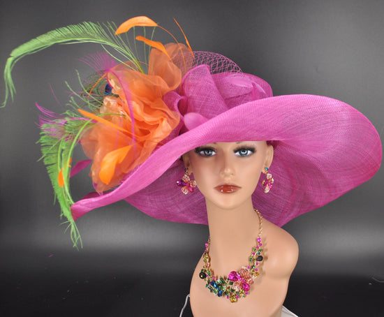 Wide Brim Sinamay Derby Hat, Fuchsia Pink, Peacock Feathers