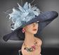 Navy Blue Feather Flower Derby Hat: Wide Brim Sinamay Church Hat