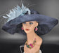 Navy Blue Feather Flower Derby Hat: Wide Brim Sinamay Church Hat