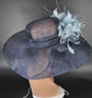 Navy Blue Feather Flower Derby Hat: Wide Brim Sinamay Church Hat