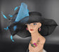 Black Sinamay Derby Hat: Teal Feather Flower Wide Brim