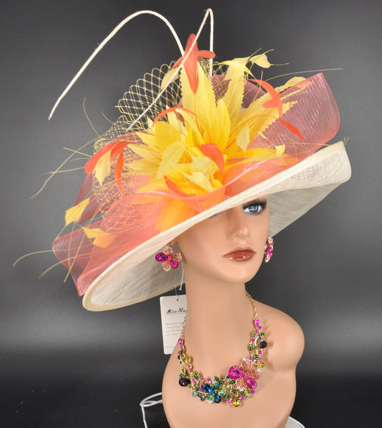 Derby Hat: Ivory Feather Flower Church Wedding Hat