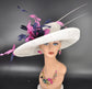 Wide Brim Sinamay Derby Hat: White, Navy, & Hot Pink Feather Flower