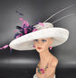 Wide Brim Sinamay Derby Hat: White, Navy, & Hot Pink Feather Flower