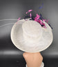 Wide Brim Sinamay Derby Hat: White, Navy, & Hot Pink Feather Flower