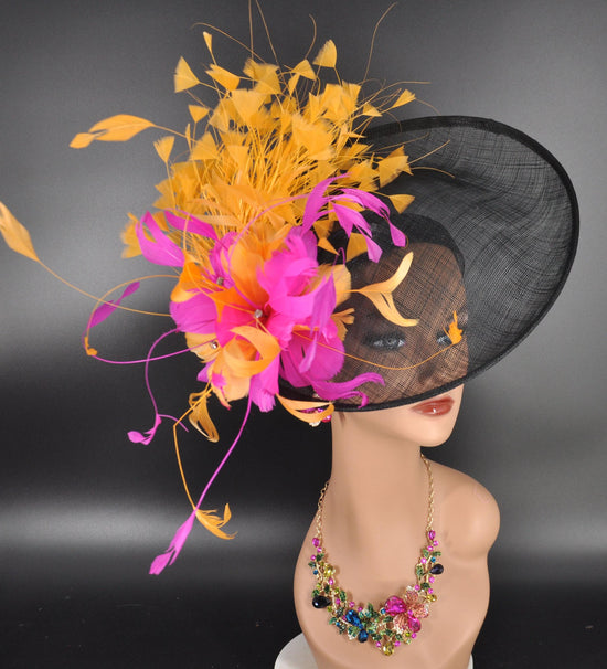Black w fuchsia pink Orange Sinamay Fascinator Hat Kentucky Derby Hat Tea Wedding Party Hat with Jumbo  Feather Flowers