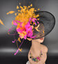 Black w fuchsia pink Orange Sinamay Fascinator Hat Kentucky Derby Hat Tea Wedding Party Hat with Jumbo  Feather Flowers
