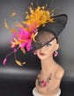 Black w fuchsia pink Orange Sinamay Fascinator Hat Kentucky Derby Hat Tea Wedding Party Hat with Jumbo  Feather Flowers