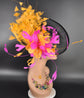 Black w fuchsia pink Orange Sinamay Fascinator Hat Kentucky Derby Hat Tea Wedding Party Hat with Jumbo  Feather Flowers