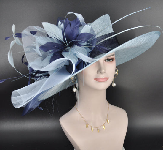 Powder Blue Sinamay Derby Hat: Navy Feather Ascot Headpiece