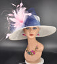Wide Brim Sinamay Derby Hat: White, Navy, Pink Feather Flower