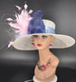Wide Brim Sinamay Derby Hat: White, Navy, Pink Feather Flower