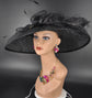 Black Wide Brim Sinamay Derby Hat: Rhinestone Bow & Ostrich Feather