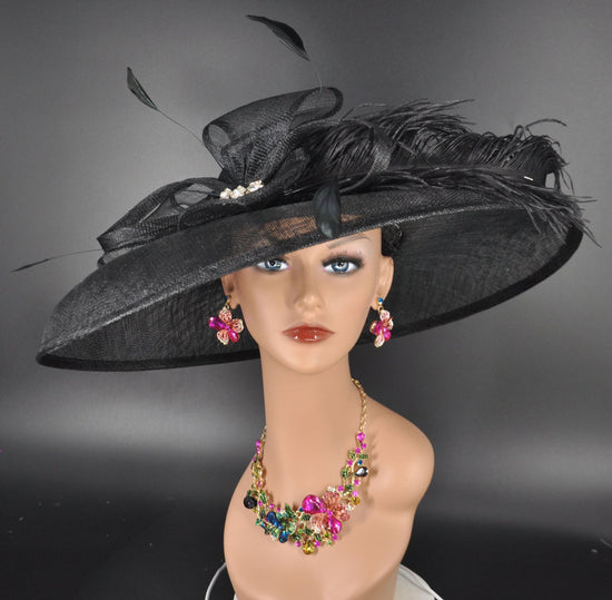 Black Wide Brim Sinamay Derby Hat: Rhinestone Bow & Ostrich Feather