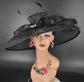 Black Wide Brim Sinamay Derby Hat: Rhinestone Bow & Ostrich Feather