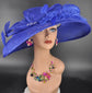 Royal Blue Sinamay Kentucky Derby Hat: Wide Brim Feathered Church Hat
